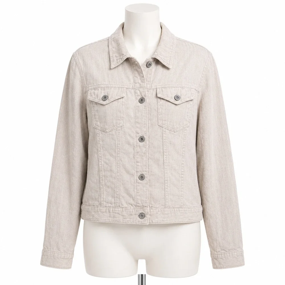 Jones New York Linen Jacket Womens Large Beige Trucker Button Front Lightweight
